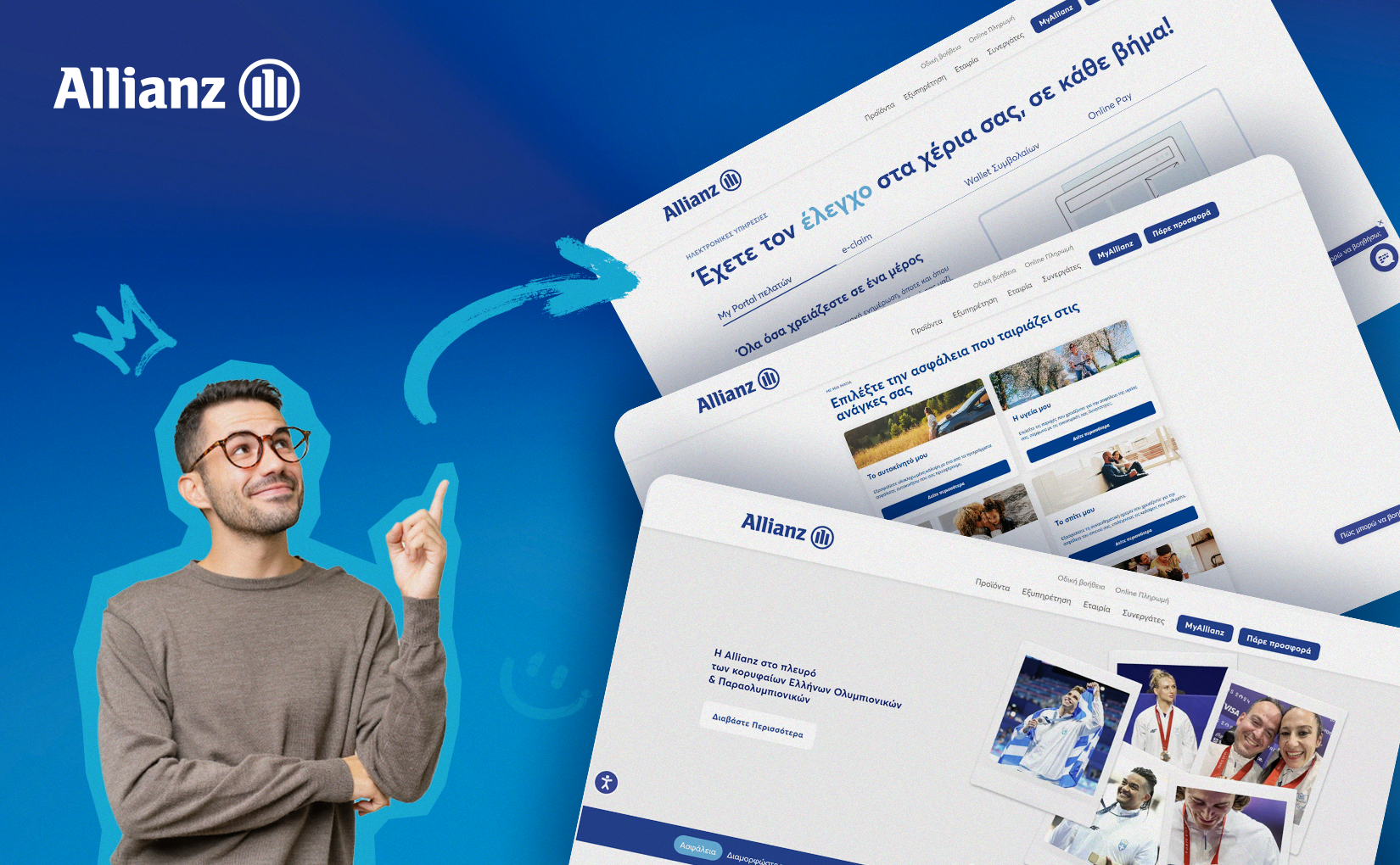 A man showing floating snapshots of Allianz new website