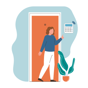 woman setting alarm in her home