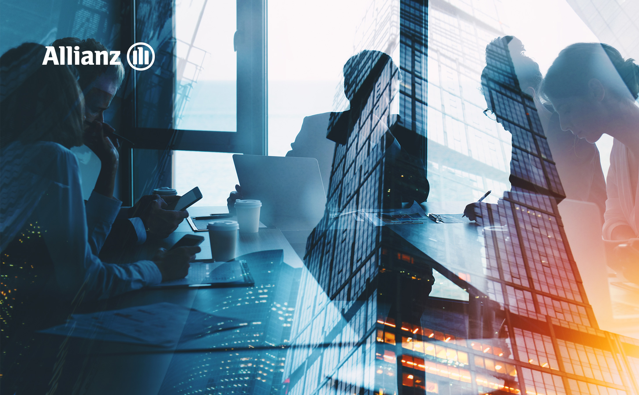 Business team meeting in modern office with city skyscraper overlay and Allianz logo.