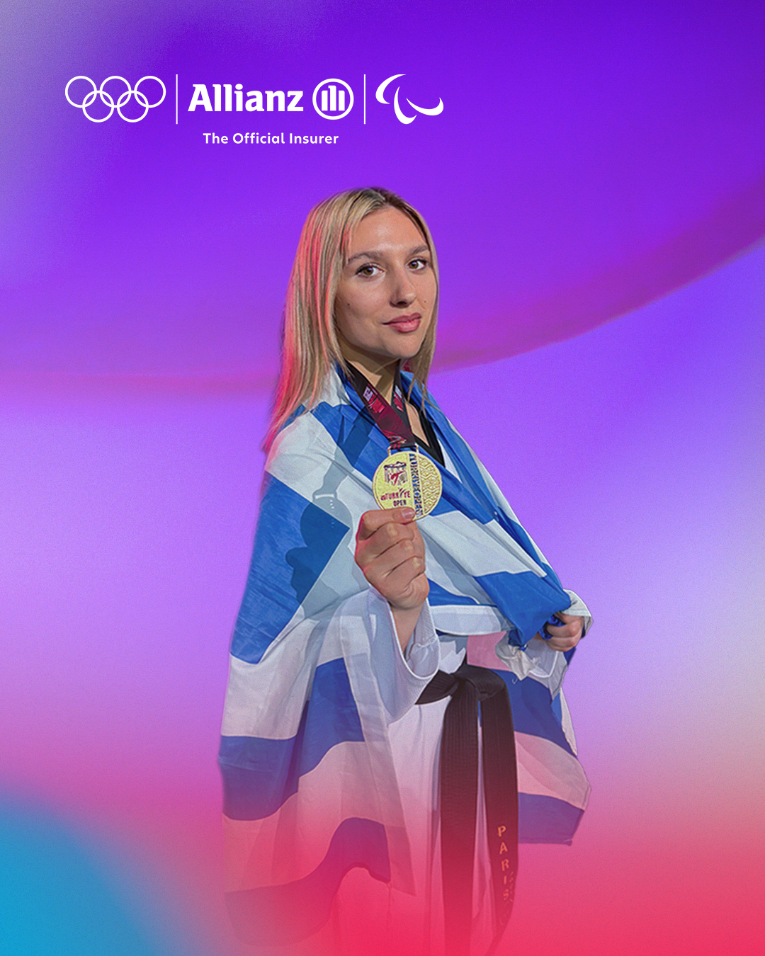 Xristina Gkentzou holding olympic medal in Allianz background